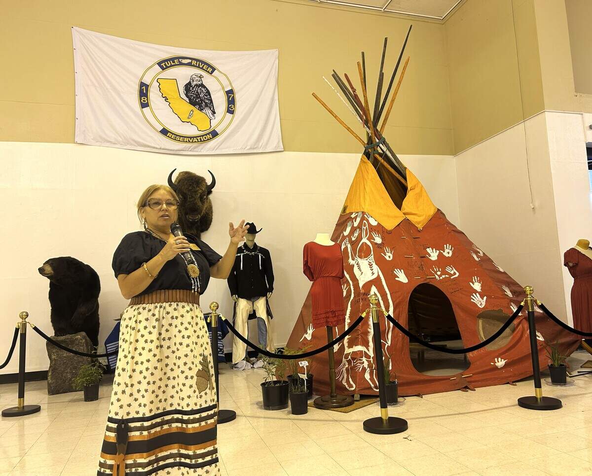 Heather Bernikoff, member of the board of the California State Fair and the Yaqui Tribal community, speaking at the California First Peoples Art Showcase exhibit. The exhibit is located at Expo Center Building 8 and is the first Indigenous exhibit to take place at the California State Fair.